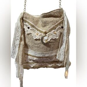 Vintage Handmade Bohemian Wool Cross Bag w/Cotton lining,lace & fur details